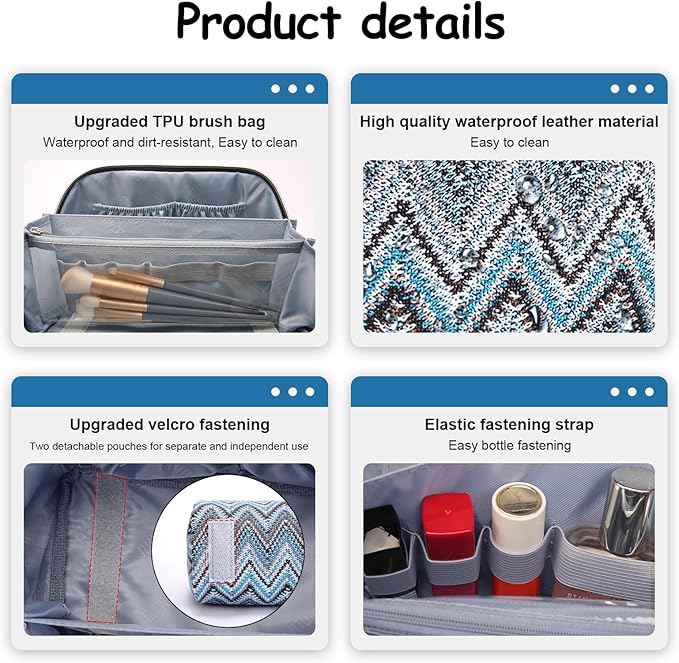 Travel Makeup Bag for Women: Western Boho Make up Bag Set of 3 - Large Capacity Vegan Leather Cosmetic Bag - Waterproof Toiletry Bag with Compartments & Handle & Divider(B-04Blue)