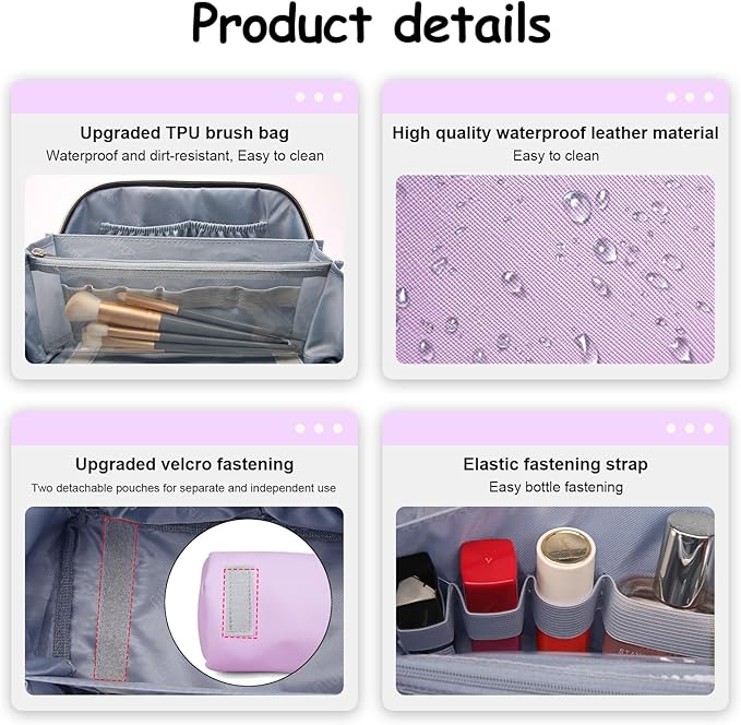 BOYATU Travel Makeup Bags for Women: Vegan Leather Cosmetic Bag Set of 3 - Large Capacity Make up Bag with Divider - Wide Open Waterproof Toiletry Organizer Bag with Handle (05-Purple)