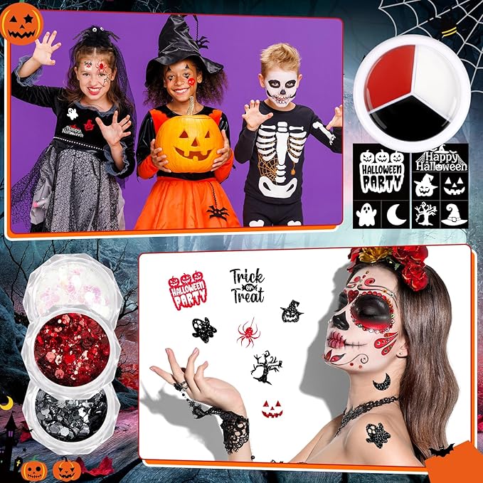 18 Pcs Halloween Face Paint Kit 3 Colors Red White Black Face Paint Kit with Glitter Stencil Makeup Brush for Halloween Cosplay Party Supplies