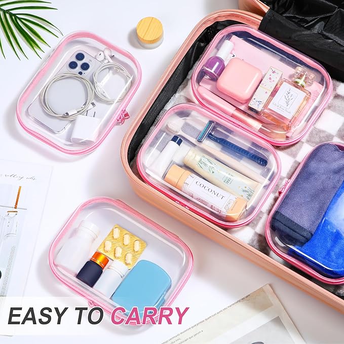 Sanwuta 6 Pcs Clear Hard Zipper Case Pencil Pouches Hard Plastic Zipper Pouches Makeup Bag Transparent Cases for Snacks Plastic Storage Organizer Box for Travel(Pink,7.87 x 5.9 x 2 Inch)