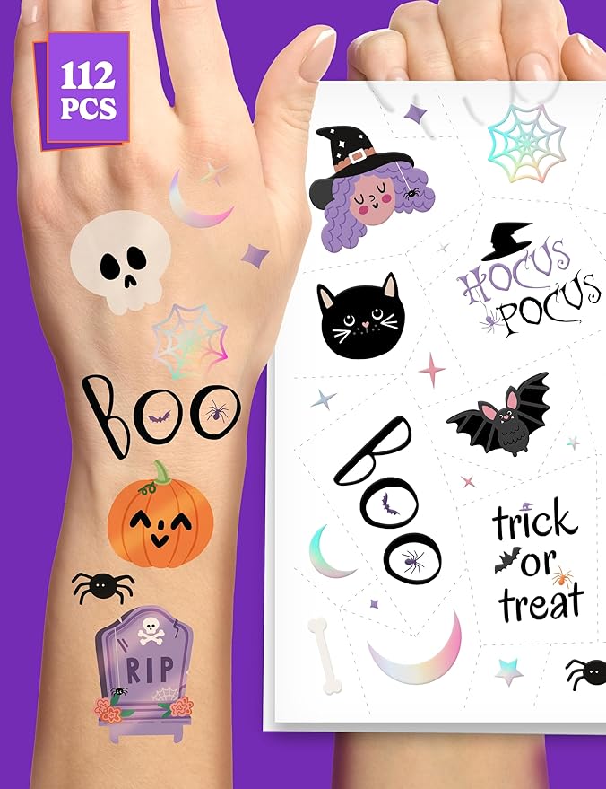 HOUSE OF PARTY Halloween Temporary Tattoos for Kids - 112 PCS Hocus Pocus Stickers, Bat Tattoos, Skull Stickers, Witch Tattoos, Spider Webs - Ideal for Hocus Pocus Party Favors and Decorations!