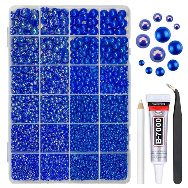 qiipii 2 Styles Solid Blue+Royal Blue AB Flatback Pearls w B7000 Glue for Bedazzling Crafting 3mm-10mm Half Round Beads Gems Bedazzler Kit for Nails Face Eyes Makeup Tumblers Bottles DIY Crafts Shoes