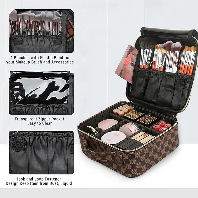 Checkered Makeup Bag, Portable Makeup Bag with Adjustable Partition, Cosmetic Bags for Women Toiletry Travel Organizer Portable Make Up Bags for Christmas Birthday Gifts