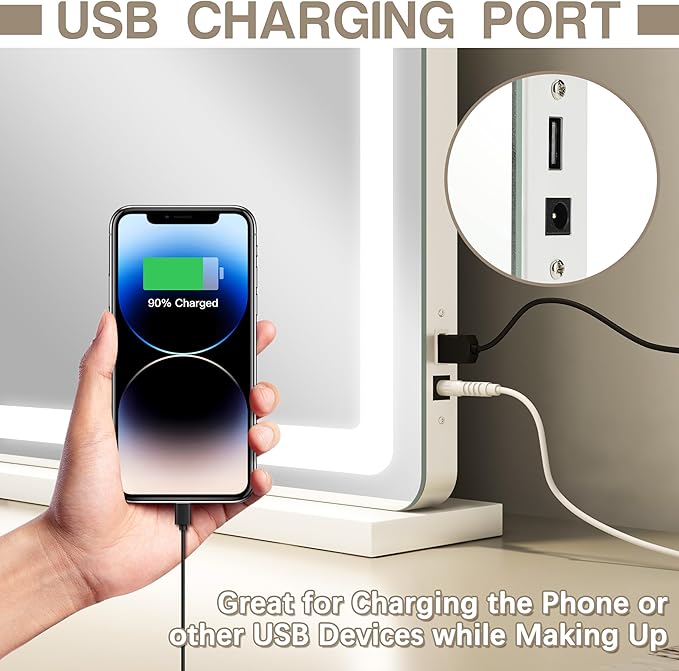 Vanity Mirror with Lights, 32" x 22" Large Lighted Vanity Mirror with Dimmable 3 Modes, LED Makeup Mirror, Touch Screen Control, USB Charging Port, Tabletop or Wall-Mounted