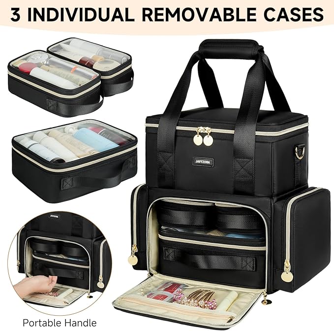 Extra Large Makeup Bag with 3 Removable Cases, Double Layers Travel Cosmetic Storage Organizer Bag with Detachable Dividers, Black