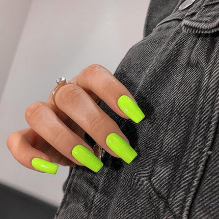 KXAMELIE Neon Green Coffin Nails Medium, Natural Thick Press ons Reusable 24 Solid Color False Nails for Women