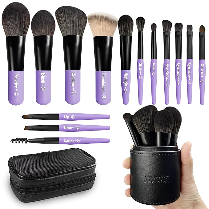 Jilier Travel Makeup Brush Set, 14 pcs Mini Makeup Brushes for Foundation, Powder, Eyeshadow, Highlight, Contour, Blush & Concealer, Small Makeup Brush Set Purse Size with Case (Purple)
