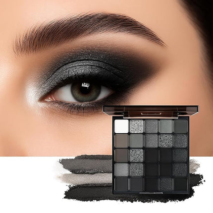 K'APEINE 25 Color Black Eyeshadow Palette, Smoke Eyeshadow Palette Silver Smokey Eye Shadow Matte Velvet & Metallic Shimmer Cool Smoky Dark Shades for Goth Makeup No Fading, Long Lasting Waterproof