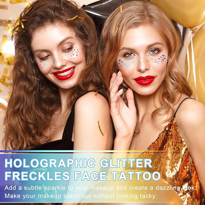 8PCS Glitter Freckles, Glitter Freckles Face Tattoo, Sparkle Freckles for Women and Kids, Cute Star Waterproof Gold Temporary Face Tattoos Glitter Glow Up Patches (8PCSG Holographic Multicolor)