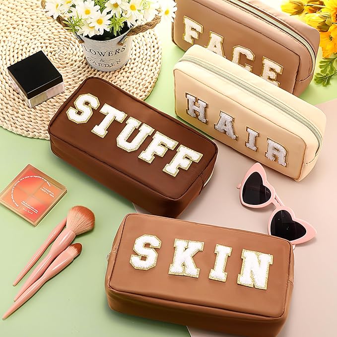 Cunno 4 Pcs Preppy Makeup Bags Chenille Letter Stuff Bag Nylon Cosmetic Pouch Cases with Zipper for Women Travel Toiletry