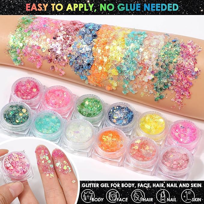 Glow in The Dark Glitter Gel with UV Neon Liquid Eyeliner Pen Set for Body Face Hair Eye, Makeup Kit for Rave Accessories Party Halloween Anime Cosplay Concerts Festival Carnival Face Paint