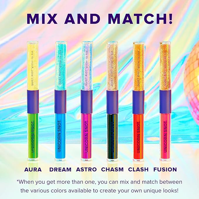 UNICORN SNOT Quiet Riot™ Plastic-Free Glitter Lip Duo | 2-in-1 Set w/Matte Lipstick & Sparkly Glitter Lip Gloss | Halloween Costume Makeup | 0.15oz Purple Lipstick & 0.16oz Gloss (Astro)