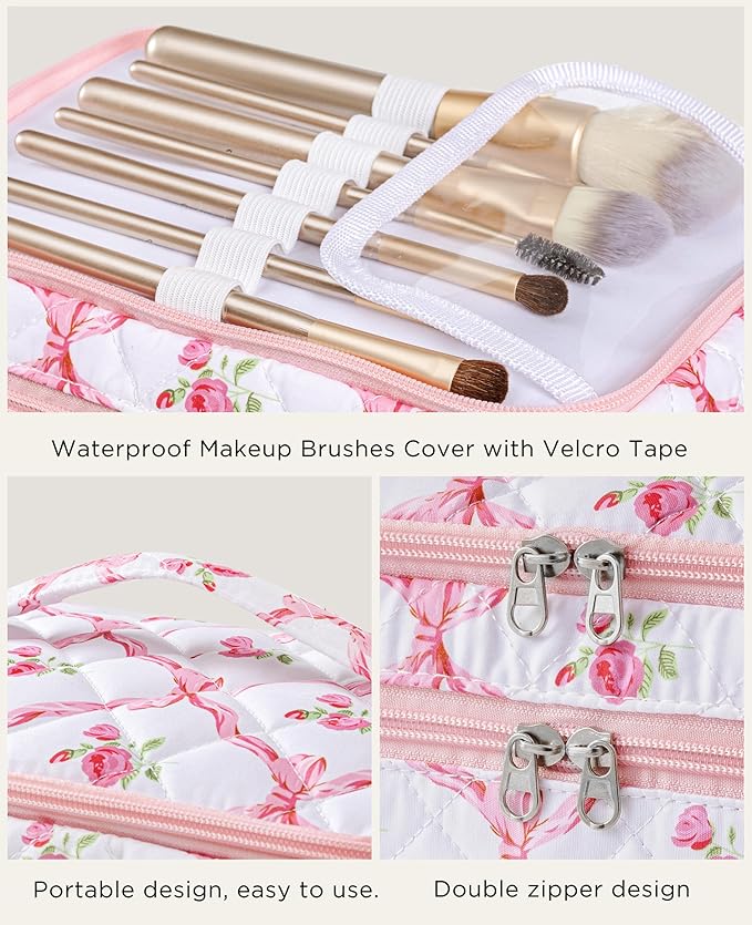 HBselect 2Pcs Travel Makeup Bag, Large Cotton Quilted Makeup Bag Cosmetic Bag Cute Make up Bag Toiletry Bags for Women Girls