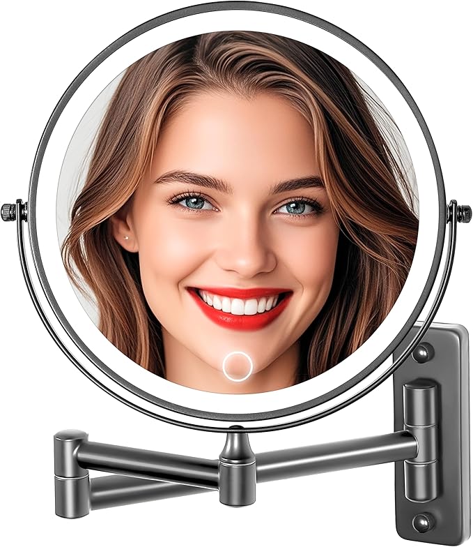Large Wall Mounted Lighted Makeup Mirror Black Nickel, 1X/20X Magnifying Mirror with 3 Color Light, LED Lights Dimmable 5000mAh Rechargeable Wall Mount Makeup Mirror, 360° Swivel 17 Inch for Bathroom