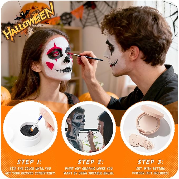 TonJin Black + White + Red Face Body Paint Set 5.28oz,Non-Toxic Professional Paint Palette Kit with 3 Brushes for Kids & Adults Art Theater Halloween Party Cosplay Clown Corpse Paint SFX Makeup