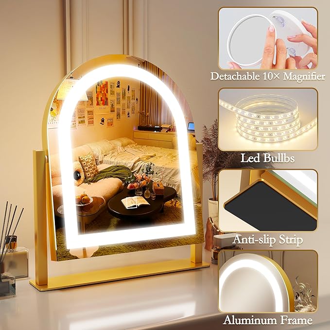 Lighted Makeup Mirror with 3-Color Dimmable Lighting, with Removable 10x Magnifier, Smart Touch Control, 360° Rotation, 15" x 13" Hollywood Vanity Mirror for Tabletop Desk (Gold)