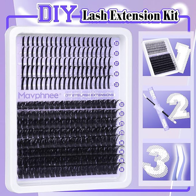 Lash Clusters Kit 100D Eyelash Clusters 12-21MM Long Spiky Cluster Eyelash Extensions Kit Mega Volume Individual Lash Extensions DIY Lash Spikes with Lash Bond and Seal and Tweezers by Mavphnee