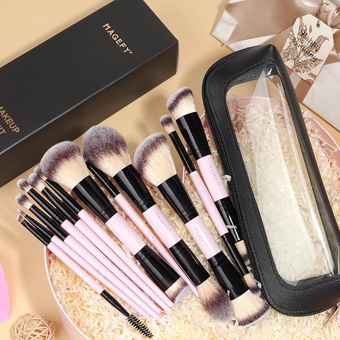MAGEFY Makeup Brushes 12Pcs with Bag, Double-End Multi-functional for Foundation Powder Blush Eyeliner Eyeshadows brushes with Gift Box,Pink