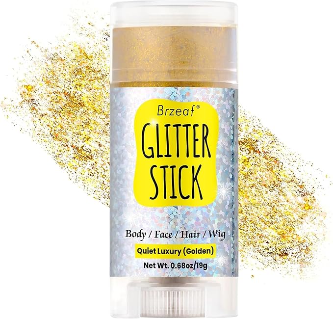 Brzeaf Waterproof Golden Glitter Stick, Halloween Glitter Makeup, Shimmery & Long Lasting, Chunky Glitter for Face/Body/Hair/Eyes/Lip, Singer Concert Music Halloween Christmas Rave Festival