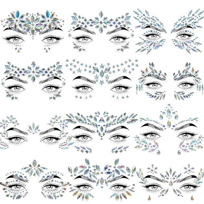 12 Sets Face Jewels Gems Mermaid Glitter Rhinestone Crystal Stickers Waterproof Eyes Temporary Tattoos for Party, Rave Festival, Carnival, Holiday Costumes, Accessories