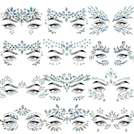 12 Sets Face Jewels Gems Mermaid Glitter Rhinestone Crystal Stickers Waterproof Eyes Temporary Tattoos for Party, Rave Festival, Carnival, Holiday Costumes, Accessories
