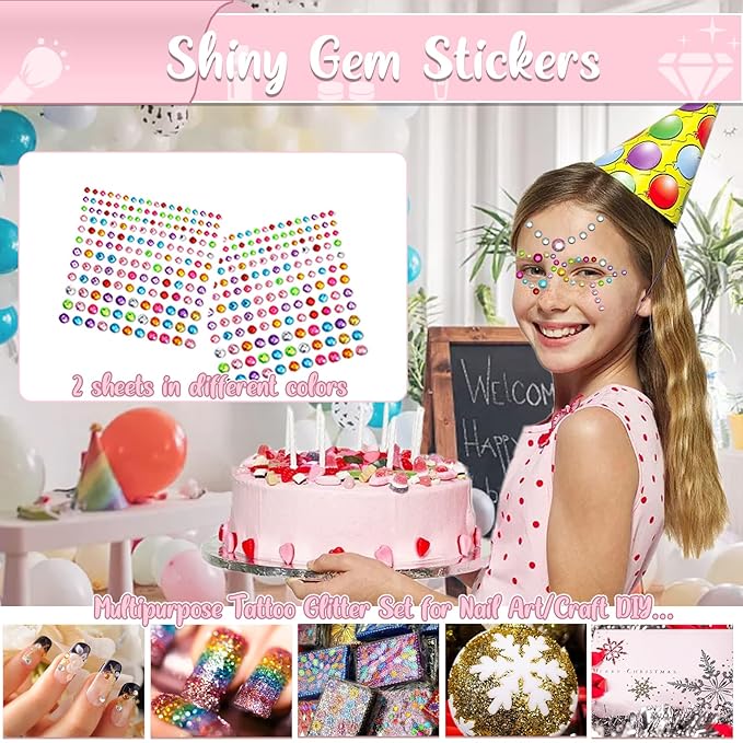 TEUVO Kids Glitter Tattoo Kit with 50 Colors, 177 Stencils, 25 Mixed Pattern Stickers(Colored/Luminous), 2 Gem Stickers, Body Face Glitter Makeup Temporary Tattoos for Halloween Christmas Birthday