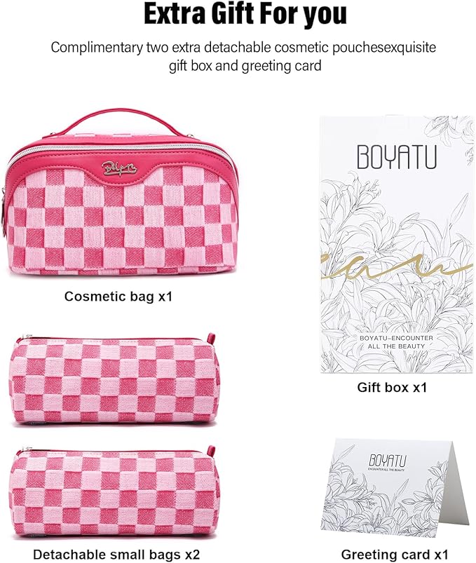 BOYATU Travel Makeup Bag for Women: Large Cosmetic Bag Set of 3 - PU Leather Make up Bag with Compartments - Compact Waterproof Toiletry Bag with Divider & Handle (C-04Red)