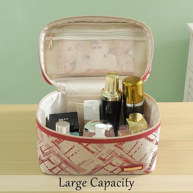 Richeart 3PC Makeup Bag Set, Cationic Jacquard Large Cosmetic Organizer, Back-Coated Solvent-Free Travel Toiletry Bag for Women - Red