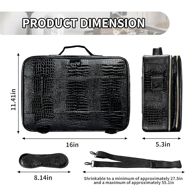 gzcz Travel Makeup Case 16" Large Cosmetic Bag Organizer Professional Portable PU Leather Makeup Storage Case Artist Box with Adiustable Dividers & Strap (L-Crocodile Pattern)