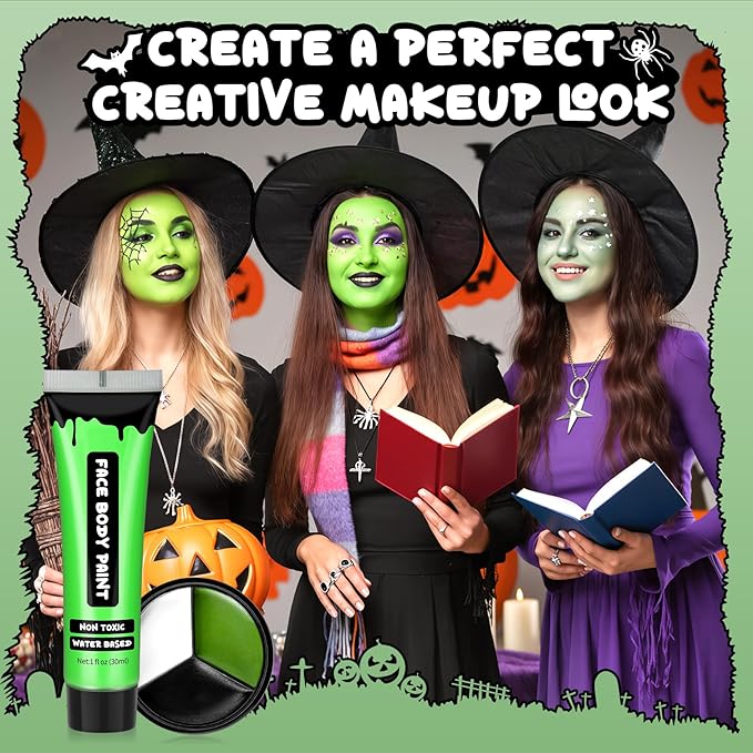 AIUEO 7PCS Green Face Paint with Fake Nose White Black Face Body Paint, Halloween Makeup Kit for Witch Monster Hulk SFX Makeup Cosplay Party
