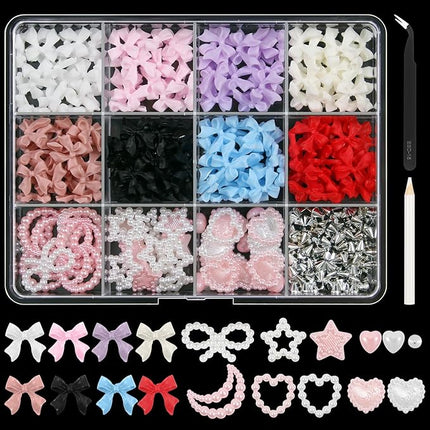 Artdone Nail Art Studs Kit, 12 grids 8 Colors 3D Charms and Pink Mix White Star Heart Moon Cute Nail Jewels for DIY Decoration