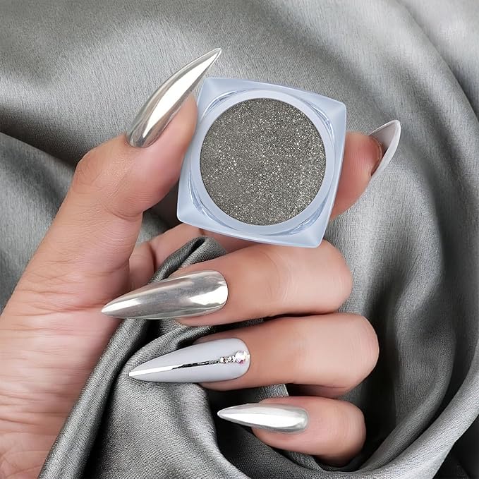 Artdone 2 Jars Chrome Nail Powder White Pearl and Silver Chrome,Iridescent Aurora Powder Metallic Mirror Effect Pigment Pearlescent Mermaid Pigment Glitter Dust Kit Acrylic Resin Craft