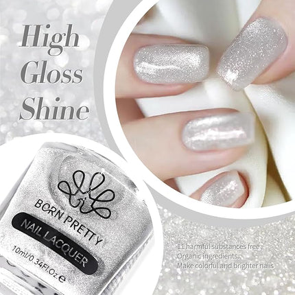 Born Pretty Cat Magnetic Eye Nail Polish, Silver Platinum Moonlight Quick Dry Sparkle Shimmer Glitter Nail Polish with Magnet 10ML