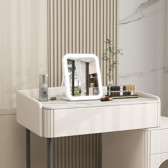 8x10 Inch Lighted Vanity Mirror, 3-Color Dimmable LED Lighting & Touch Control, Portable Makeup Mirror with U-Bracket for Travel/Dressing Room (White)