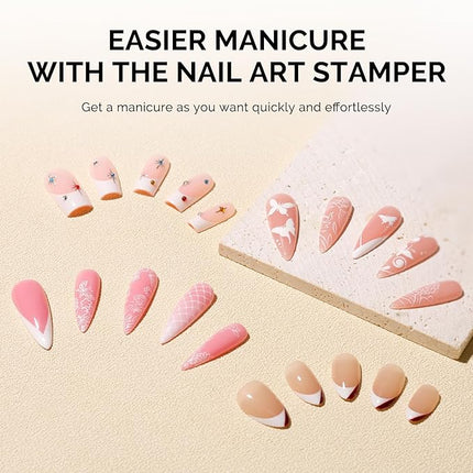 MelodySusie Nail Stamper Kit, Silicone French Tip Stamp Tool, 1PC Stamper, 1PC Scraper, 2PCS Stamping Plates, 2PCS Silicone Replaceable Heads for DIY Home French Manicure & Salon Art, Transparent
