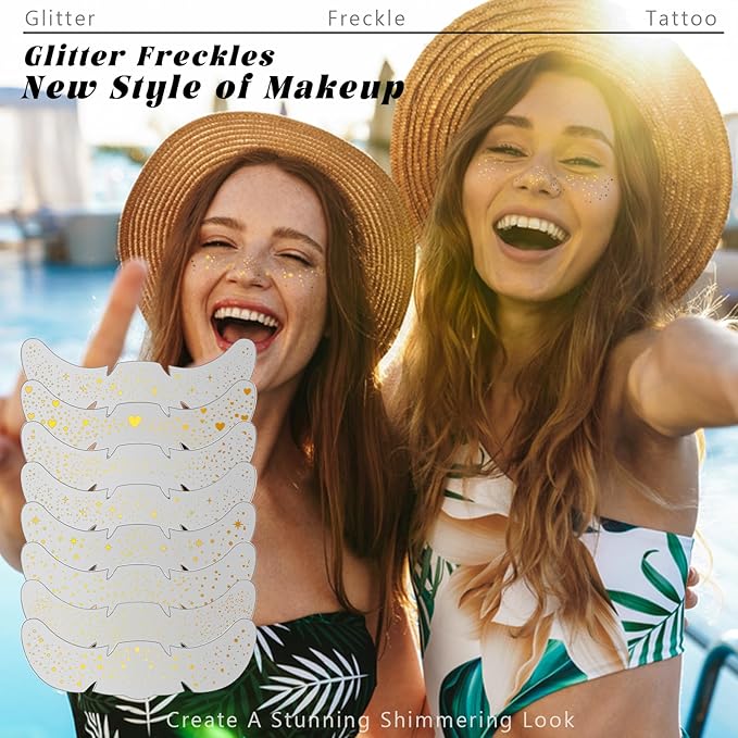 8 pcs Gold Glitter Freckles Face Tattoo, Waterproof Sparkle Face Glitter Speckles Patches for Women, Cute Star Glow up Glitter Temporary Tattoo Makeup Accessories for Festival Rave