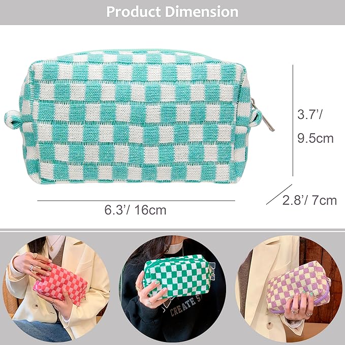PAZIMIIK Checkered Makeup Bag for Purse Portable Zipper Make Up Pouch Small Cosmetic Case for Travel Accessories Arctic Blue