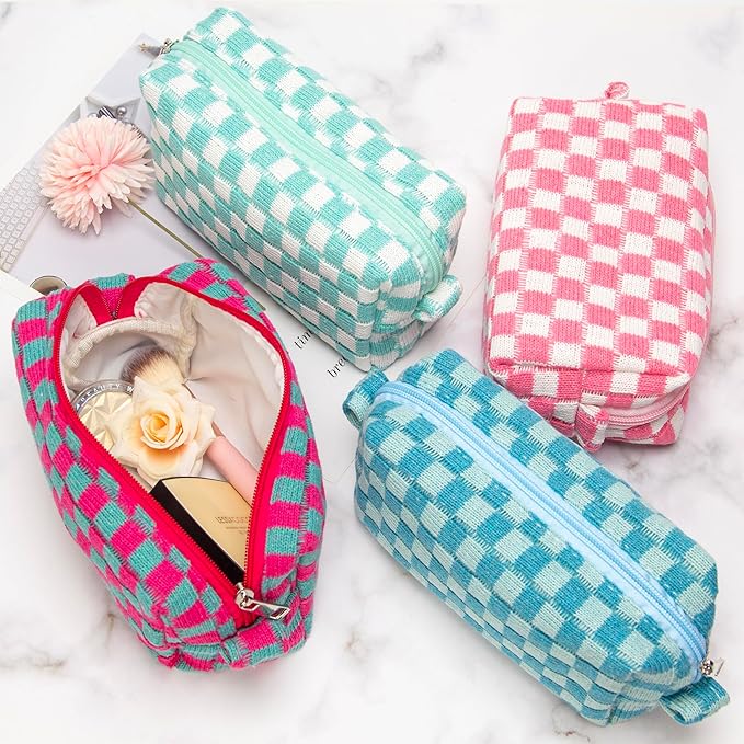 PAZIMIIK Checkered Makeup Bag for Purse Portable Zipper Make Up Pouch Small Cosmetic Case for Travel Accessories Magenta Green