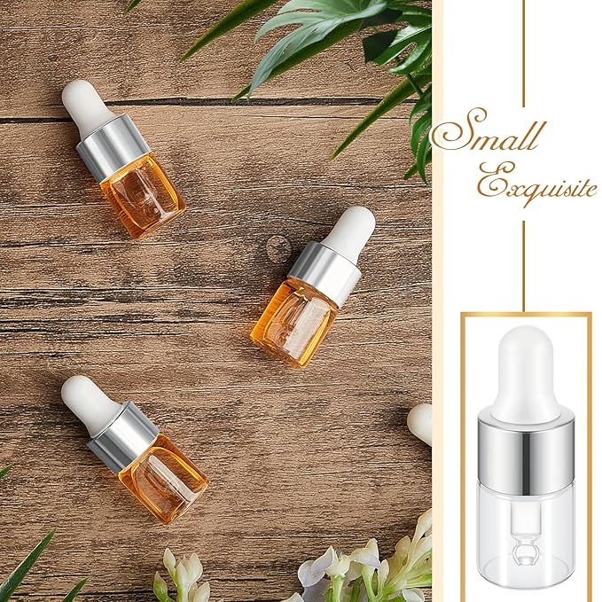 200 Pcs Mini Glass Oil Dropper Bottle Bulk, Clear Essential Small Empty Bottles Sample Containers Perfume Liquid Vials with Cap for Traveling (2 ml,Silver)