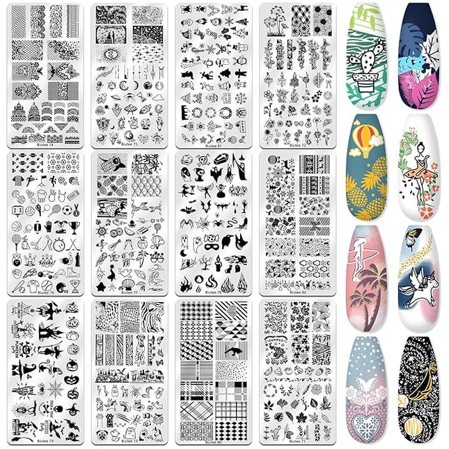 Biutee Nail Stamper Kit 22Pcs Gel Nail Stamping Kit 12Pcs Nail Stamping Plates 8Pcs Gel Stamping Polish, Silicone Stamper Scraper Flower Lace Star Stripe Valentine Stamp Template Gift for Women