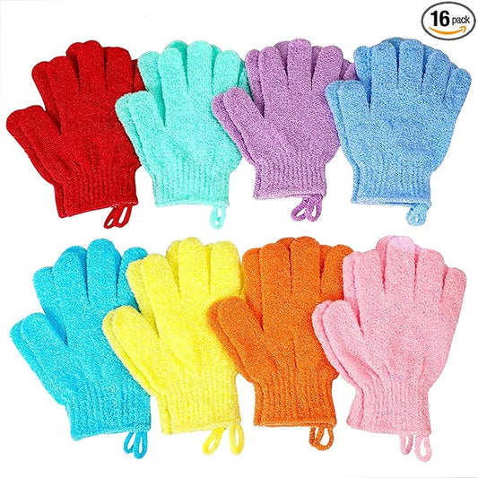 Bath Gloves,16 Pcs Exfoliating Bath Gloves,Body Scrub Gloves with Hanging Loop for Beauty Spa Massage Skin Shower Body Scrubber-8 Colors