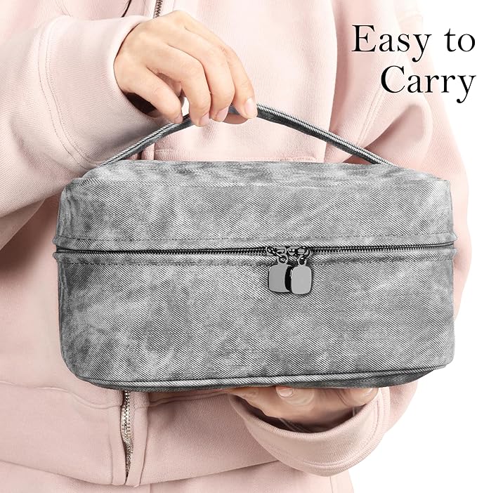 Makeup Bag, Portable Cosmetic Bag, Large Capacity Travel Makeup Case Organizer,Stylish Denim-Look Toiletry Bag for Women Girls With Handle and Removable Pouch