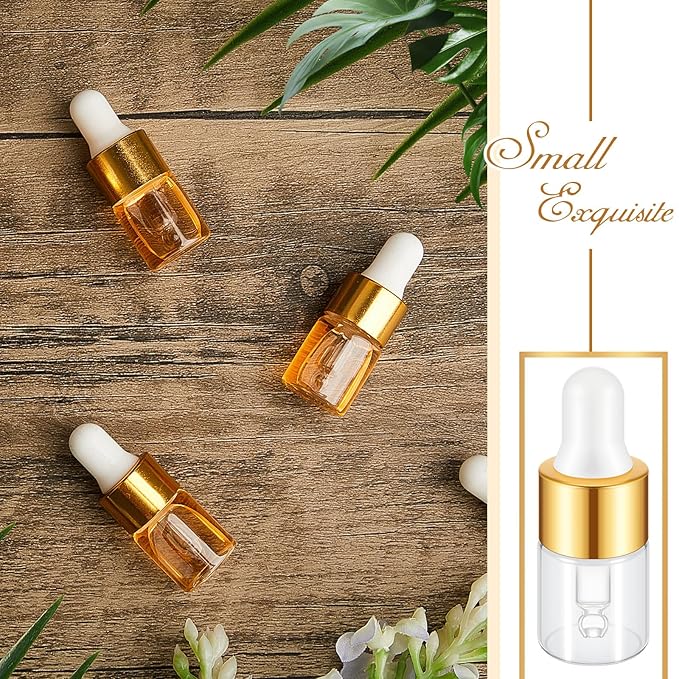 100 Pcs Mini Glass Oil Dropper Bottle Bulk, Clear Essential Small Empty Bottles Sample Containers Perfume Liquid Vials with Cap for Traveling (2 ml,Gold)