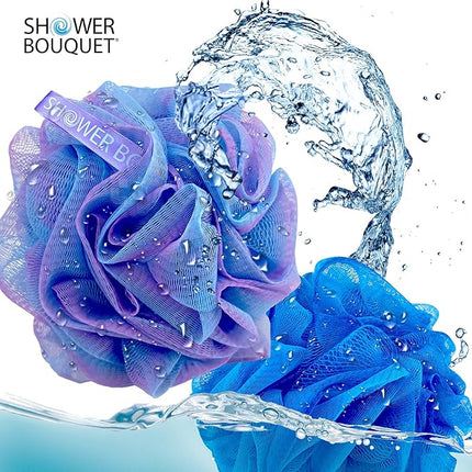 SHOWER BOUQUET Loofah Bath-Sponge XL Swirl-Deep-4-Pack // Extra Large 75g Soft Mesh Net Luffa Loofa Loufa Lufa Puff Set/Exfoliating Body Scrubber for Women and Men - Exfoliate & Soothe Face & Body