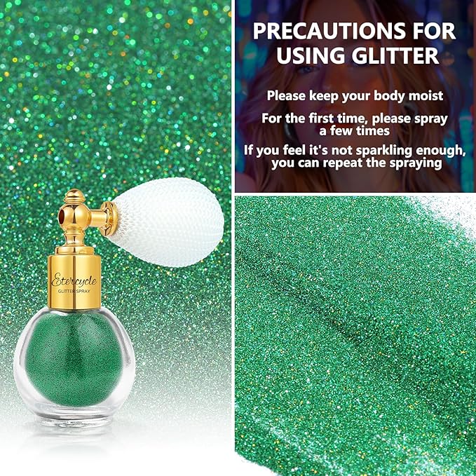 Etercycle Body Shimmer Spray, Green Fine Glitter Spray for Hair and Body, Longwear and Quick Drying Face Shimmer Powder Sparkly Glitter Gifts for Rave Accessories Easter Christmas Halloween Clothes