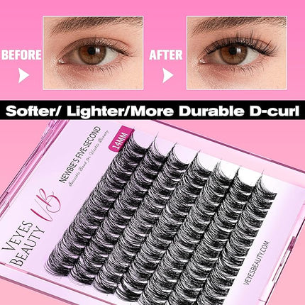 VEYESBEAUTY Lash Clusters Individual Eyelash Extensions Thin & Invisible Band DIY False Eyelashes for Self-application Newbie's Five-Second Series Wispy Lash Tray, Dreamy 16mm Single Length