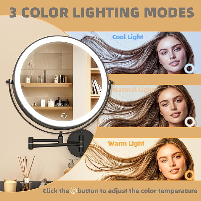 8.5" Wall Mounted Makeup Mirror with Light, 2000mAh Rechargeable Double Sided 1X / 10X Magnifying Vanity Mirror, 3 Color Lights Touch Dimmable 360° Rotation Bathroom Mirror, Black