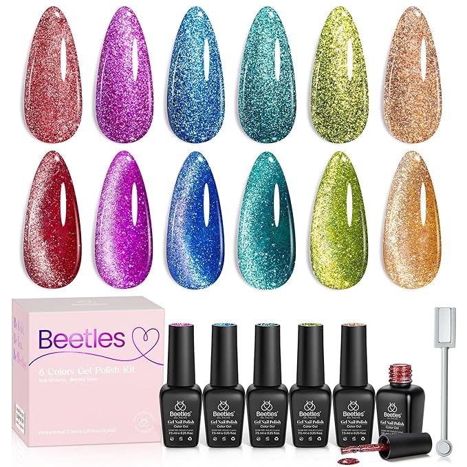 Beetles Cat Eye Gel Nail Polish, 6 Colors Red Purple Green Blue Green Gold Holographic Glitter Gel Polish Set with Magnet Soak Off UV Shimmer Velvet Gel Sparkle Soiree Series Manicure Gifts for Women