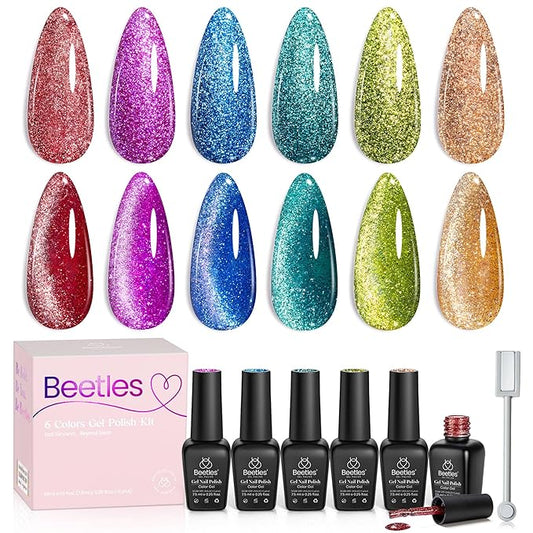 Beetles Cat Eye Gel Nail Polish, 6 Colors Red Purple Green Blue Green Gold Holographic Glitter Gel Polish Set with Magnet Soak Off UV Shimmer Velvet Gel Sparkle Soiree Series Manicure Gifts for Women