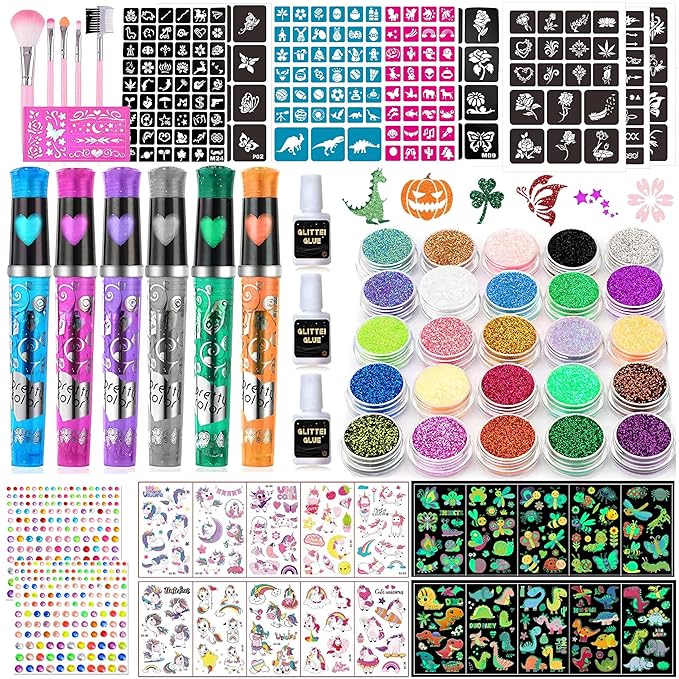 TEUVO Kids Glitter Tattoo Kit with 25 Colors, 225 Stencils, 6 Pens, 2 Rhinestone Sheets, 5Brushes, 3Glues, 20 Sheets Colorful & Glow-in-the-dark Mixed Temporary Tattoos Stickers for Halloween Birthday